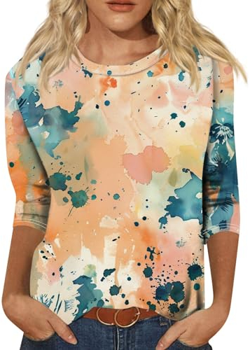 3/4 Ärmel Oberteile Damen Shirt Elegant Oberteile Damen Sommer Elegant Shirt Weiß Damen Ärmelloses Top Damen Einfarbig Blusentop Sommer Weit Shirt Tunika Flieder Tshirt Bluse Orange L