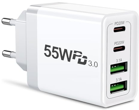 Cargador USB-C 55W, 4 Puertos Con 2 USB-C de 20W, Carga Rápida PD & QC3.0, Fuente de Alimentación Múltiple Para Móviles
