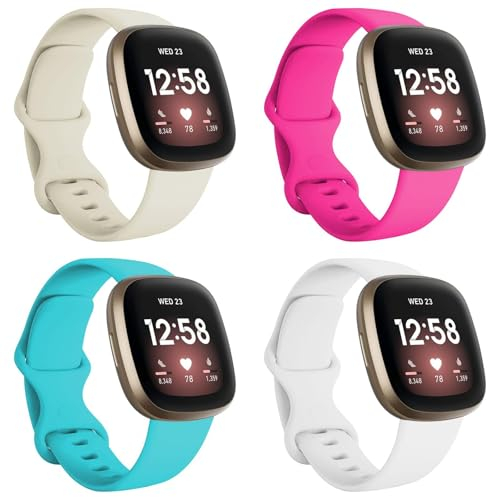 Armbänder Kompatibel mit Fitbit Versa 3 Armband/Versa 4 Armband/Sense Armband/Sense 2 Armband Damen Herren, Weiches Silikon Uhrenarmband Sports Watch Ersatzarmband (Einheitsgröße, ZZZ-HiB/Ros/Bei/Weß)