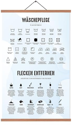 EASTJOY Waschküche Poster,Waschküche Dekoration,Waschguide,Waschsymbole,Deutsch,Laundry Schild,mit Teak Holz Posterleiste 65X40cm(Groß A2)