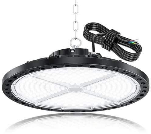 YIQIBRO LED Hallenstrahler Garagenbeleuchtung 200W 1 Stücke - 20000LM LED UFO Hallenbeleuchtung mit 11.8in Metallkette, Treiber, 6500K IP65 Werkstatt Deckenleuchte für Lagerhalle Fabriken