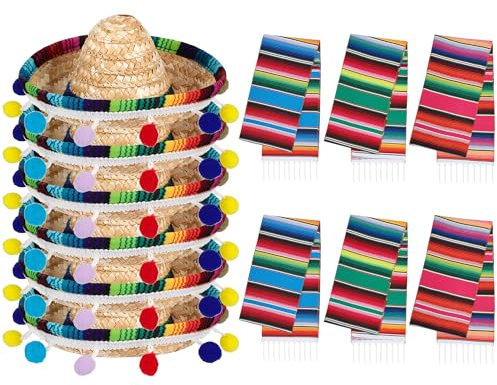 Hillban 12 caminos de mesa de serape mexicano, mini sombrero, sombreros de paja, decoraciones temáticas mexicanas, manta de mesa de serape, camino colorido a rayas para fiesta del Cinco de Mayo, boda