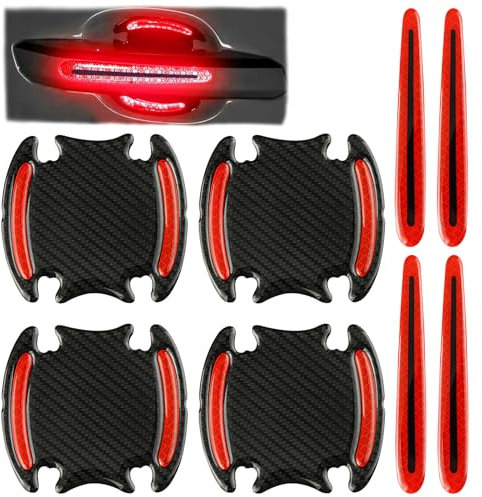 Tiryns 8Pcs Car Door Handle Guard Film, Universal Safety Reflective Strips Carbon Fiber Scratch Protector, Red