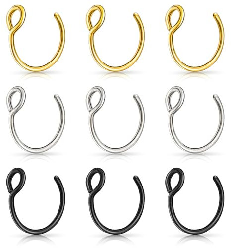 Frogetu Lot de 9 faux piercings en acier inoxydable,3 couleurs,pour nez,lèvre,septum,oreille, hélix,Cartilage,anneaux de cerceau,pour homme et femme,bijoux,taille unique
