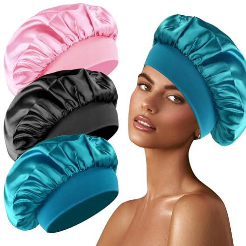 3 Stück Seidenhaube zum Schlafen, Schlafhaube Seide Silk Bonnet Satin Bonnet Sleep Cap Schlafhaube Haare Schützen Lockenhaube zum Schlafen Bonnet Seide Satin Haarhaube für Die Nacht(Schwarz,Blau,Rosa)