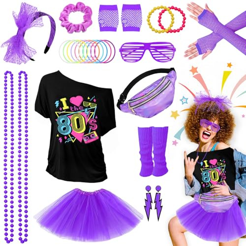 Grantop 28PCS 80er 90er Jahre Outfit Damen Set,80er Jahre Kleidung Kostüm,T-Shirt,Tutu,Bauchtasche,Ohrring,Netzhandschuhe,80er Retro Party Accessoires,kostüm 80er jahre damen Karneval Party