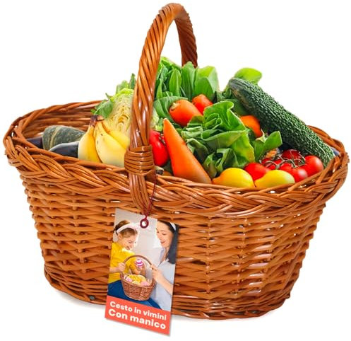 AVILIA Cesto in Vimini Spaccato Ovale con Manico per Raccolta Funghi e Frutta, Certificato FSC, 39x29x30 cm, Leggero e Resistente