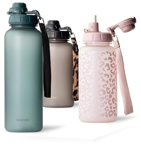 MAMEIDO Gourde 1,5l avec Paille & Marqueur de Temps de Motivation, Gourde Sport avec Dragonne, Gourde Enfant étanche, Bouteille d'eau sans BPA, Water Bottle (Ocean Bloom, 1500ml)