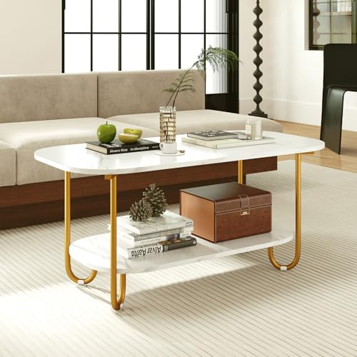 GOPLUS Mesa de Centro Ovalada de 2 Niveles con Mármol de Imitación | Mesa de Café con Estante Abierto, Marco Metálico Dorado, Carga 50+25KG, para Salón, Oficina o Recepción, 100 x 50 x 45 CM