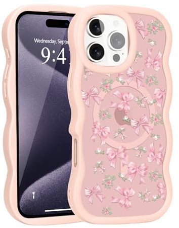 Teageo Magnetic Case for iphone 13 Pro, Pink Frame, Rose bow | Compatible with MagSafe, Fashion Phone Case, Non-slip Bow Pattern, Cute for Women Girls, Wave Frame