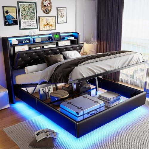 BHFFTHK Bett 140x200 mit LED und USB Kopfteil,Polsterbett Doppelbett 140x200 mit Stauraum und Lattenrost,Hydraulisch Stauraumbett Jugendbett Rückenlehne Bettgestell,PU-Leder in Schwarz,Ohne Matratze