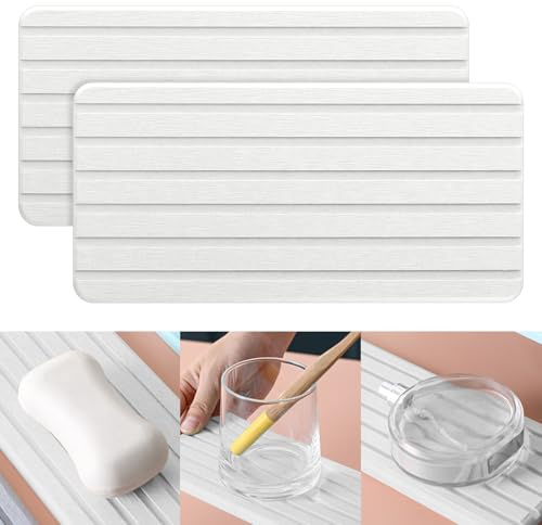 2 Pack Water Absorbing Stone Tray for Sink, Quick Dry Stone Drying Tray, Elegnat Water Absorbing Diatomite Mat for Kitchen Bathroom Counter (White)