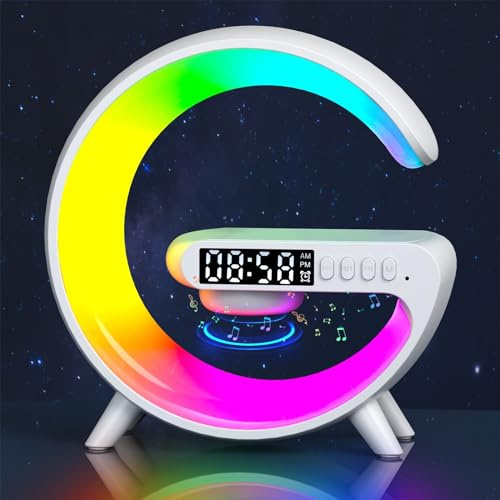 JOPWUE Atmosphere Lamp with Wireless Charger,15W Led Alarm Clock RGB Color Dimmable Ambient Light Smart Table Lamp with Bluetooth Speaker 6 Modes Night Lights for Adults Kids Office Bedroom (White)