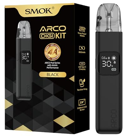 SMOK Arco Digi Pod System E-Zigarette Kit 1300mAh Akku 5–30W 3ml Schwarz | Nachfüll Pod Top Fill Type-C Schnellladung 0,84-Zoll-Display kompatibel mit Arco Pod Cartridge ohne Nikotin