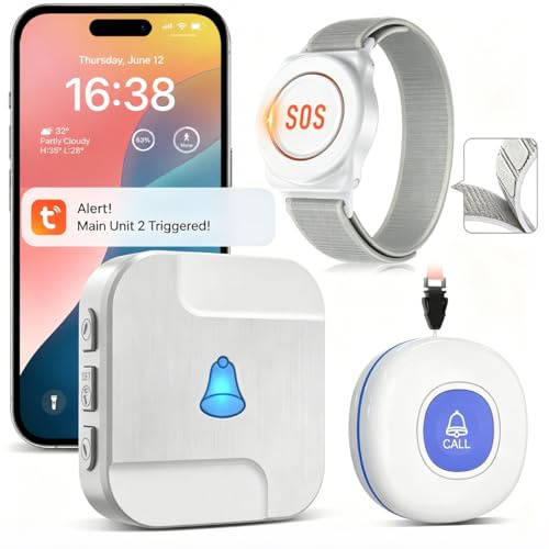 CallToU Tuya WiFi Personal alarms for elderly,Waterproof elderly alarm call button System with 1 Call button,1 Wrist button & Receiver - Connects to Phone, only Supports 2.4GHz WiFi