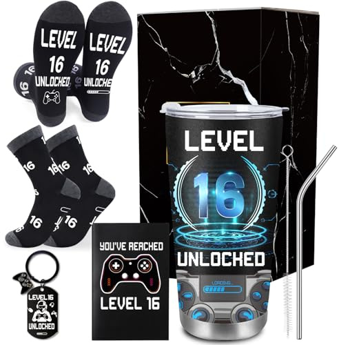 JoyAura 16th Birthday Gifts for Boys 16 Year Old Ideas Presents for Him | Boy Male Unique Gift with Gamer Tumbler, Personalised Birthday Card, Funny Socks, Keychain for Son Grandson Brother