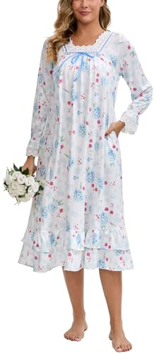 Rubehoow Chemise de nuit victorienne vintage à manches longues en coton doux pour femme, Bleu Rose, S