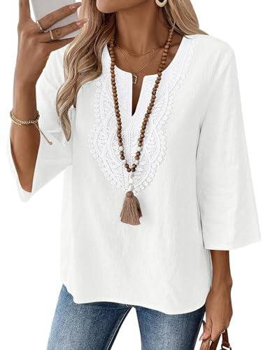 Rapbin Top da donna con maniche a 3/4, scollo a V, in cotone e lino, casual, vestibilità larga, tunica in pizzo bohémien, bianco, L
