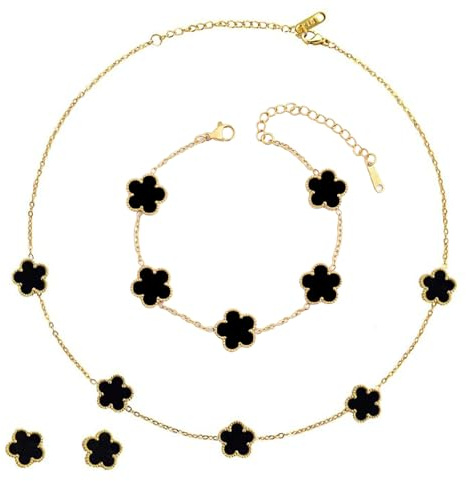 ZhouWei 4 Stück Kleeblatt Schmuck set, Einstellbar Vergoldet Fünfblättriges Armband Kette Ohrringe Kleeblatt Armband Fünfblättriges Kleeblatter Kette Vierblättriges Kleeblätter Schmuckset