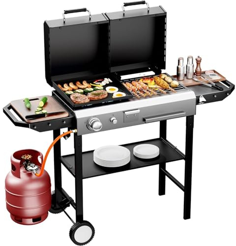 Outopee 2-in-1 Propane Gas Grill & Charcoal Grill Combo with Lid | 12000BTU Flat Top Griddle & Charcoal BBQ Grill, Electronic Ignition, Enamel Griddle & Grate for Outdoor Backyard Cooking