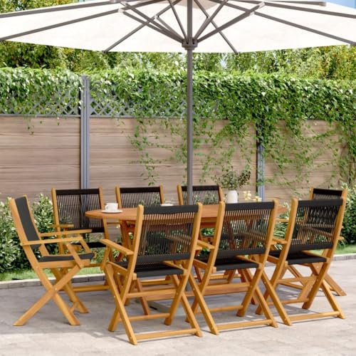 YunCangg Garden Chairs Pack of 8 Folding Black Solid Wood Acacia with Armrest, Weatherproof, Stackable, Outdoor Balcony Chair and Patio Chair for Camping and Relax