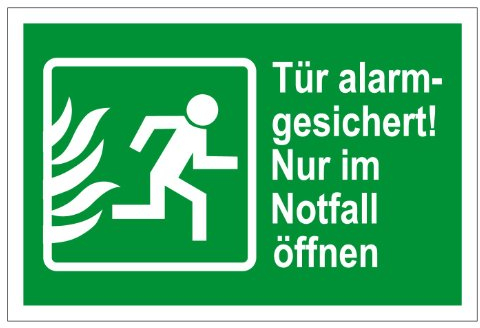 Rettungswegschild aus Folie - Rettungswegzeichen - Tür alarmgesichert! Nur im Notfall öffnen - - 20 x 30 cm