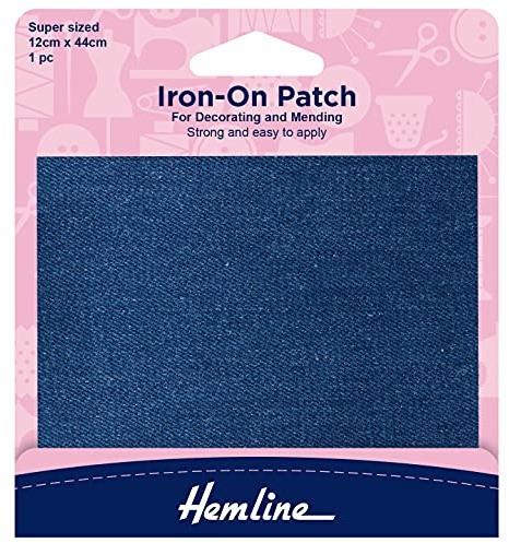 Hemline Iron On Repair Mid Denim (12 x 44cm) XL Cotton Twill Patches (1Pc) Mend Glue Sew Fabric Jackets Curtains Pillows Lining H690LMD