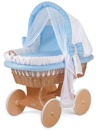 waldin Stubenwagen Baby Komplett aus Weide Zertifiziert EN 1130 | Babywiege mit Weidenkorb Handgemacht Himmel Matratze Bettwäsche Holzgestell Leise Räder Baumwollstoff