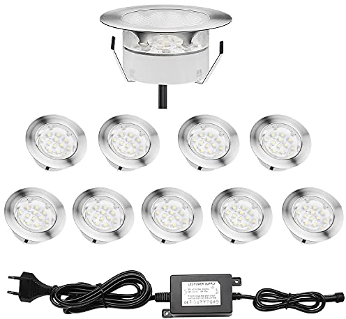 Treppen Bodeneinbaustrahler 10er Set, IP67 Wasserdicht Terrassen Einbaustrahler Ø60mm Aussen LED Bodeneinbauleuchten, DC 12V 1.5W Terassen Küche Garten LED Einbaustrahler, Blau