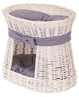e-wicker24 Alles aus Weide Ovale Katzenhütte in Beige, Katzenkorb aus Weide, Korb für die Katze mit Zwei Etagen, Katzenlager mit Kissen und Schleife, Katzenturm