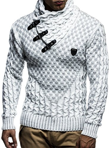 Leif Nelson Pull en maille pour hommes | Haut à manches longues coupe cintrée | Pull basique avec col châle et cuir synthétique, Taille S