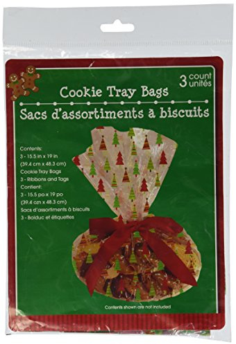 Cellophane Christmas Cookie Tray Bags 3 Count 15.5 in. x 19 in. with Ribbons and Tags Varied Designs
