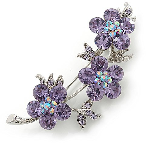 Broche florale en plaqué rhodium avec strass Violet clair Longueur 55 mm, taille unique, Gemme, Cristal