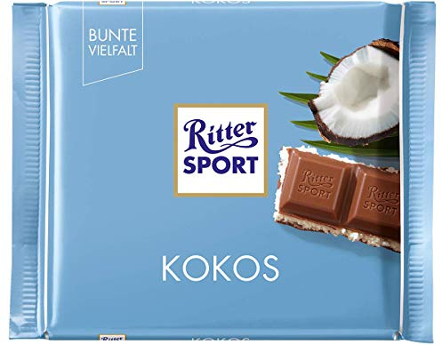 RITTER SPORT Kokos, 100 g, Vollmilchschokolade gefüllt mit köstlicher Kokos-Creme & knusprigen Kokosraspeln, schokoladiger Kokosnuss-Traum für zu Hause