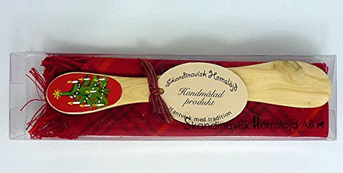 Skandinavisk Hemslöjd schwedisches Geschenkset handbemaltes Buttermesser u. kleine Decke (rot Weihnachtsbaum)