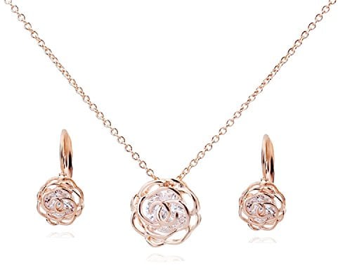 Crystalline Azuria Rose Blumen Kristalle Schmuck-Set Halskette Anhänger 45 cm Leverback Ohrringe 18 kt Rosé Vergoldet für Damen