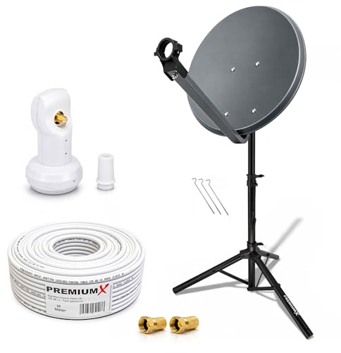 Premium X Camping Mobile Satelliten-Komplettanlage 45cm SAT-Schüssel | SAT Single LNB Dreibein-Stativ 10m Kabel 2x F-Stecker | Empfang auch bei schlechtem Wetter | Digitaler Satellitenempfang