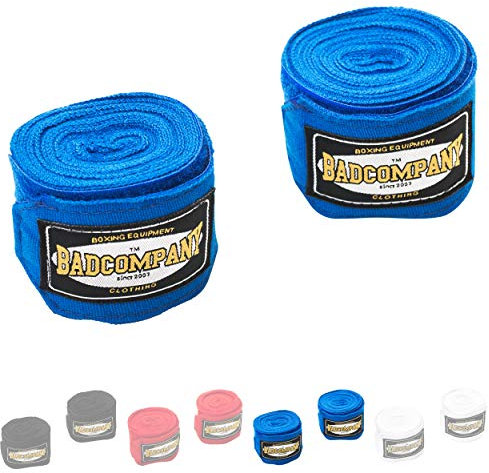 Bad Company Box-Bandagen I Elastische Handgelenksbandagen mit breitem Klettverschluss, Daumenschlaufe und Einer Wickelanleitung für das Boxtraining I Blau 4,5 m