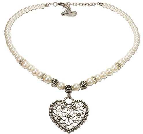 Alpenflüstern Perlen-Trachtenkette Blüten-Herz - Damen-Trachtenschmuck mit Strass-Trachtenherz, Dirndlkette weiß DHK153