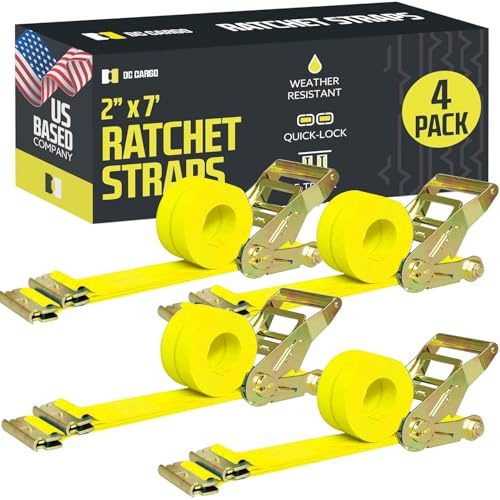 E Track Lot de 4 Sangles à cliquet – Lot de 4 Sangles d'arrimage Robustes – Sangle à cliquet Solide – Raccords à Ressorts de Piste E – d'arrimage pour Moto – Jaune
