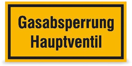 Betriebsausstattung24 Hinweisschild Gasabsperrung Hauptventil - Aluminium, geprägt - 30,0 x 20,0 cm - gelb/schwarz