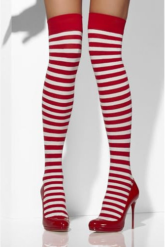 Smiffys Blickdichte halterlose Strümpfe, Rot & Weiß, Gestreift Halloween