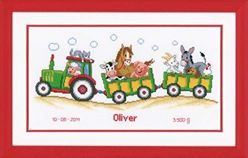 VERVACO Gezählter Kreuzstich Stickpackungen Stickset Baby Geburt Traktor mit Tieren Wanddekoration Handarbeit Set für Erwachsene Kreatives Handwerk ca. 36 x 19 cm Geburt Geschenk Hausdeko