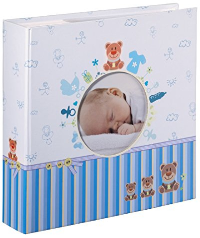 Hama Babyalbum Tim, Einsteckalbum für 200 Fotos im Format 10x15, Kinderalbum mit Beschriftungsfeld für Notizen und Selbstgestaltung, Ausschnitt für Foto, Baby Fotoalbum für Jungen, 22,5x22,5cm, blau