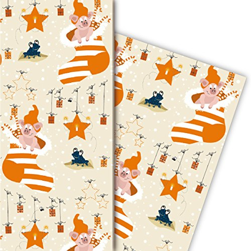 Frosch Weihnachts Geschenkpapier mit Sternen und Schweinchen im Nikolaus Stiefel (4 Bögen, 32 x 48cm) Dekorpapier, Papier zum Einpacken, für tolle Geschenk Verpackung und Überraschungen