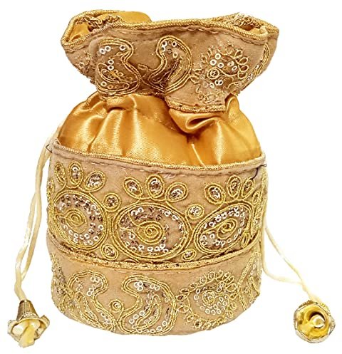 Purpledip Potli Tasche (Clutch, Kordelzug) für Frauen mit aufwendigem Goldfaden und Pailletten-Stickerei, Goldfarben, Medium