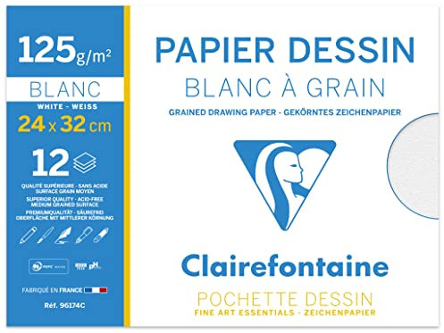 Clairefontaine 96174C Mappe Zeichenpapier (125 g, 24 x 32 cm, 12 Bögen, ideal für Kunstunterricht, geleimt) weiß