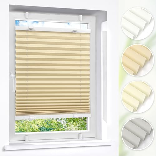 Victoria M. Easyfix Plissee Faltrollo ohne Bohren Plisseeanlage Klemmfix mit Klemmträger für Fenster und Türen, Größe: 110 x 120 cm, Farbe: Beige