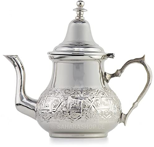 Marokkanische Teekanne Barradi 750 ml,Orientalische Teekanne/Teapot 0,75 L Berrad aus Messing, mit integriertem Filter, traditionelles Modell, Arabische Kanne silberfarbig mit Deckel