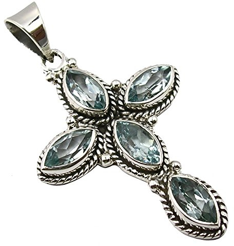 Unique Gems Kettenanhänger Kreuz blauer Topas 12.5 Karat 925 Sterling Silber Juweliers- Qualität
